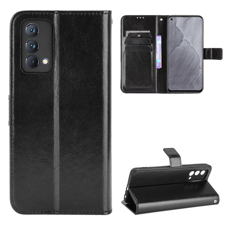 Crazy Horse Texture Wallet Stand PU Leather Case Shell with Strap for Realme GT Master - Black