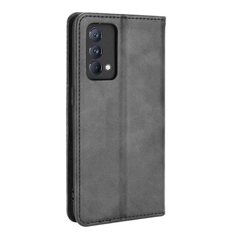Vintage Style Auto-absorbed Folio Flip Leather Phone Case Shell with Wallet Stand for Realme GT Master - Black