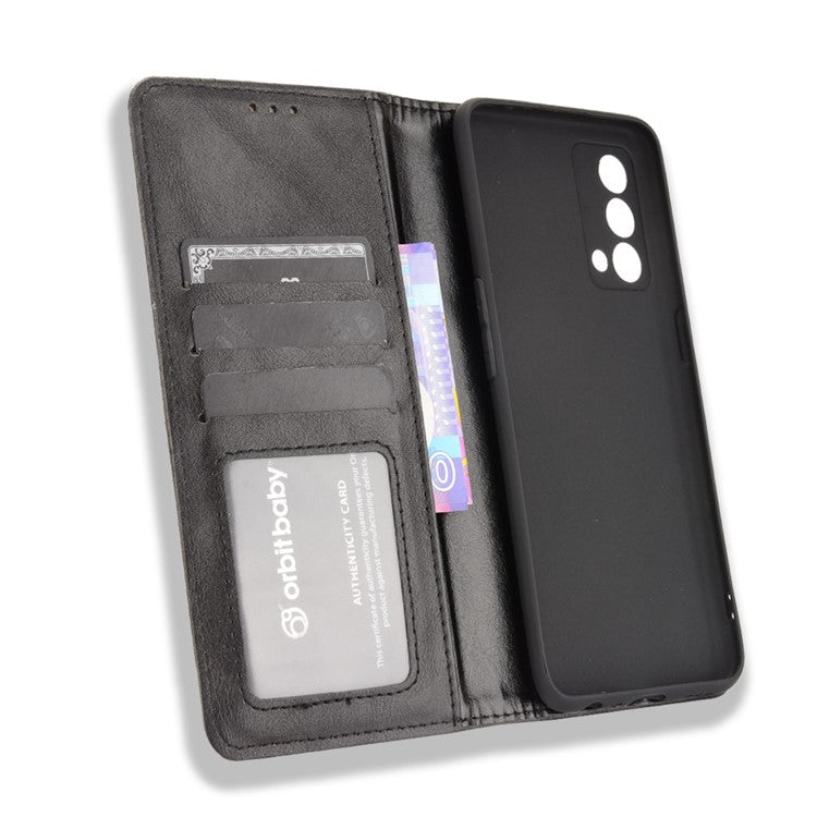 Vintage Style Auto-absorbed Folio Flip Leather Phone Case Shell with Wallet Stand for Realme GT Master - Black