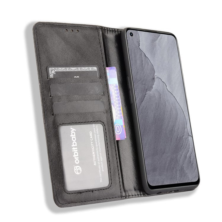 Vintage Style Auto-absorbed Folio Flip Leather Phone Case Shell with Wallet Stand for Realme GT Master - Black