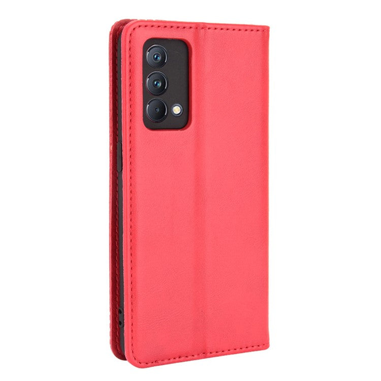 Vintage Style Auto-absorbed Folio Flip Leather Phone Case Shell with Wallet Stand for Realme GT Master - Red
