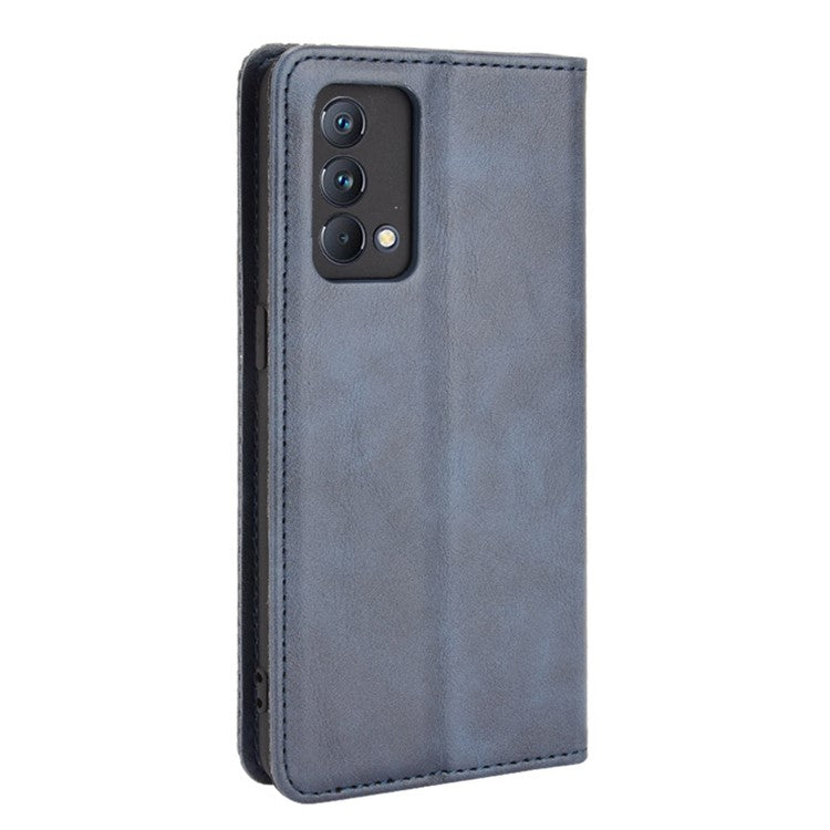 Vintage Style Auto-absorbed Folio Flip Leather Phone Case Shell with Wallet Stand for Realme GT Master - Blue