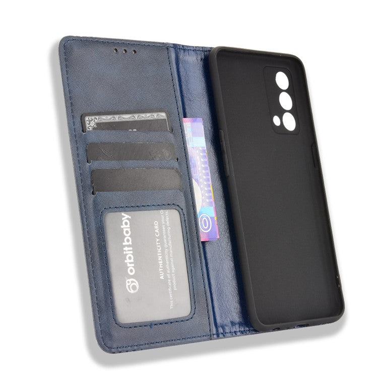 Vintage Style Auto-absorbed Folio Flip Leather Phone Case Shell with Wallet Stand for Realme GT Master - Blue