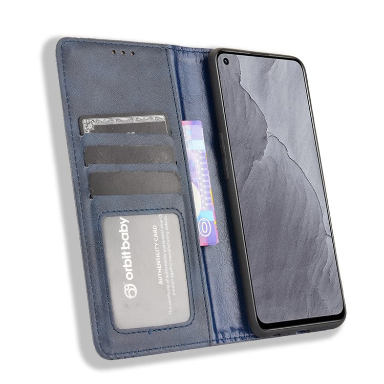 Vintage Style Auto-absorbed Folio Flip Leather Phone Case Shell with Wallet Stand for Realme GT Master - Blue