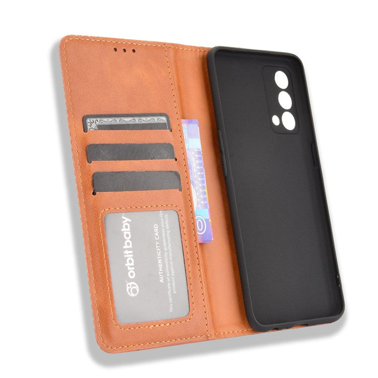 Vintage Style Auto-absorbed Folio Flip Leather Phone Case Shell with Wallet Stand for Realme GT Master - Brown