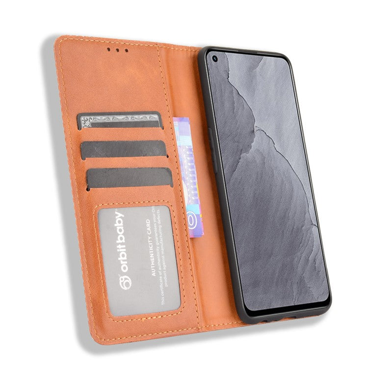 Vintage Style Auto-absorbed Folio Flip Leather Phone Case Shell with Wallet Stand for Realme GT Master - Brown