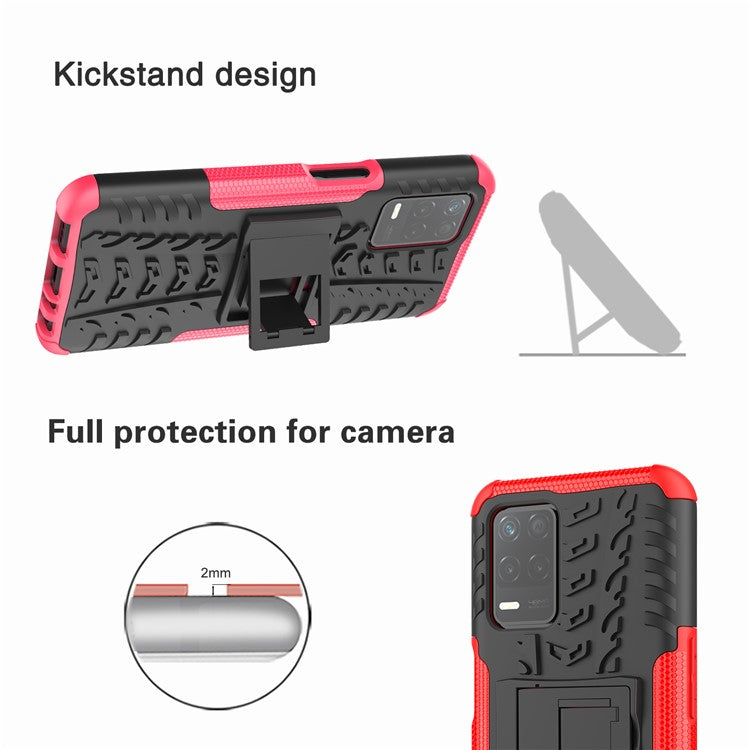 Tire Texture Dual-Layer PC + TPU Heavy Duty Rugged Case with Kickstand for Realme 8 5G/V13 5G/Narzo 30 5G - Rose