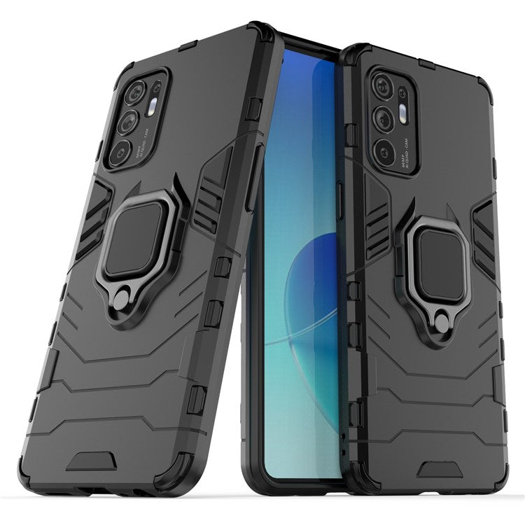 Shockproof Protection Soft TPU Bumper + Hard PC Back Case with Ring Kickstand for Oppo Reno6 4G - Black