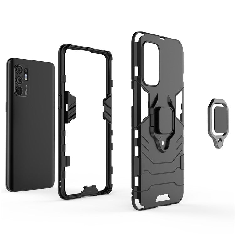 Shockproof Protection Soft TPU Bumper + Hard PC Back Case with Ring Kickstand for Oppo Reno6 4G - Black