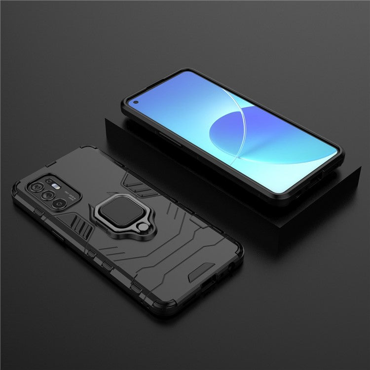 Shockproof Protection Soft TPU Bumper + Hard PC Back Case with Ring Kickstand for Oppo Reno6 4G - Black
