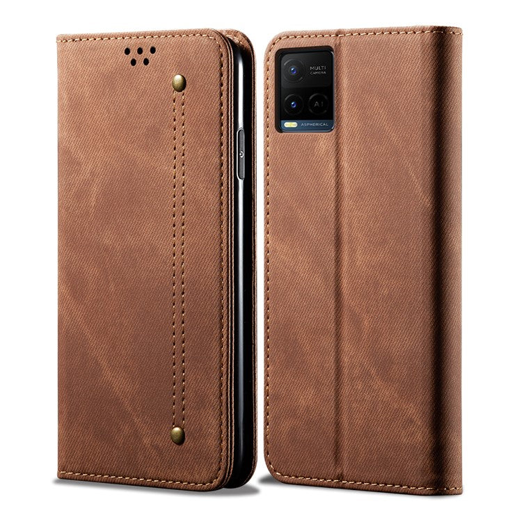 Jeans Cloth Texture Auto-absorbed Shockproof Wallet Design Full Body Protection Leather Phone Case with Stand for vivo Y21/Y33s - Brown
