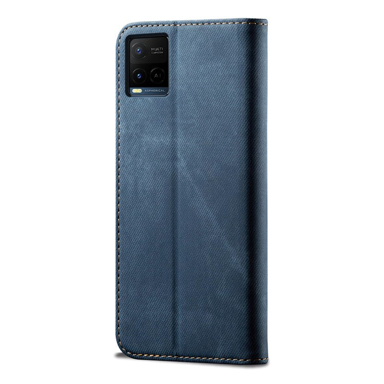 Jeans Cloth Texture Auto-absorbed Shockproof Wallet Design Full Body Protection Leather Phone Case with Stand for vivo Y21/Y33s - Blue