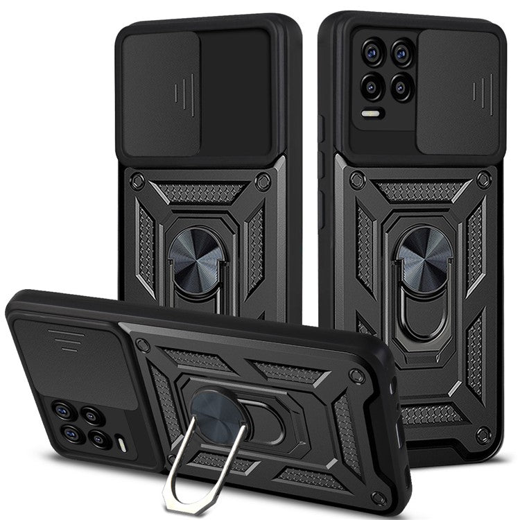 Kickstand PC + TPU Shockproof Impact-Resistant Cover with Slide Lens Protection for Realme 8 / 8 Pro - Black
