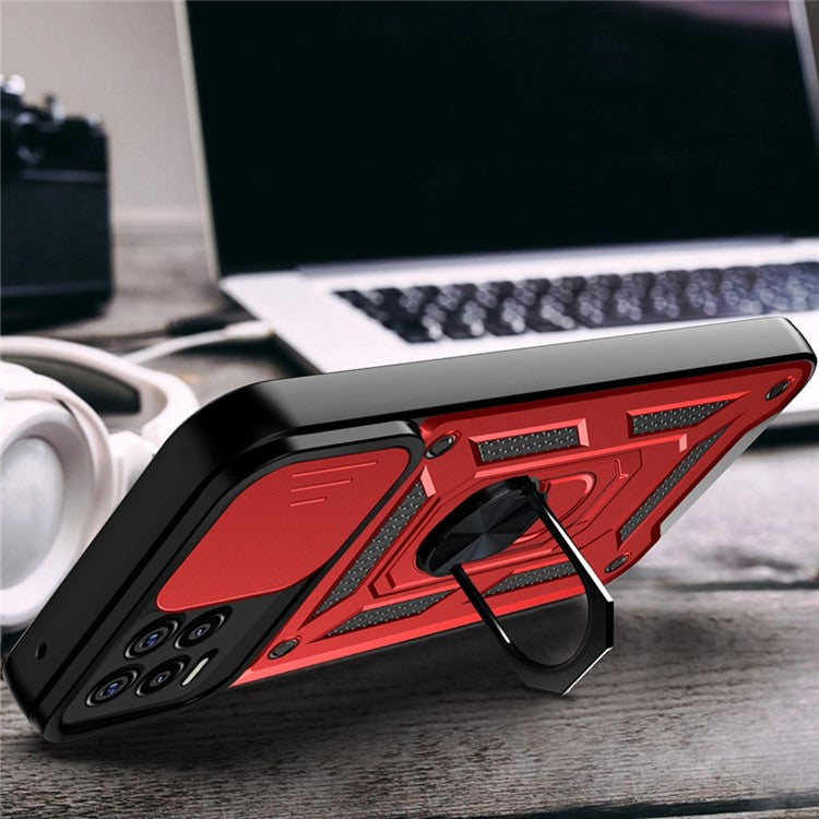 Kickstand PC + TPU Shockproof Impact-Resistant Cover with Slide Lens Protection for Realme 8 / 8 Pro - Red