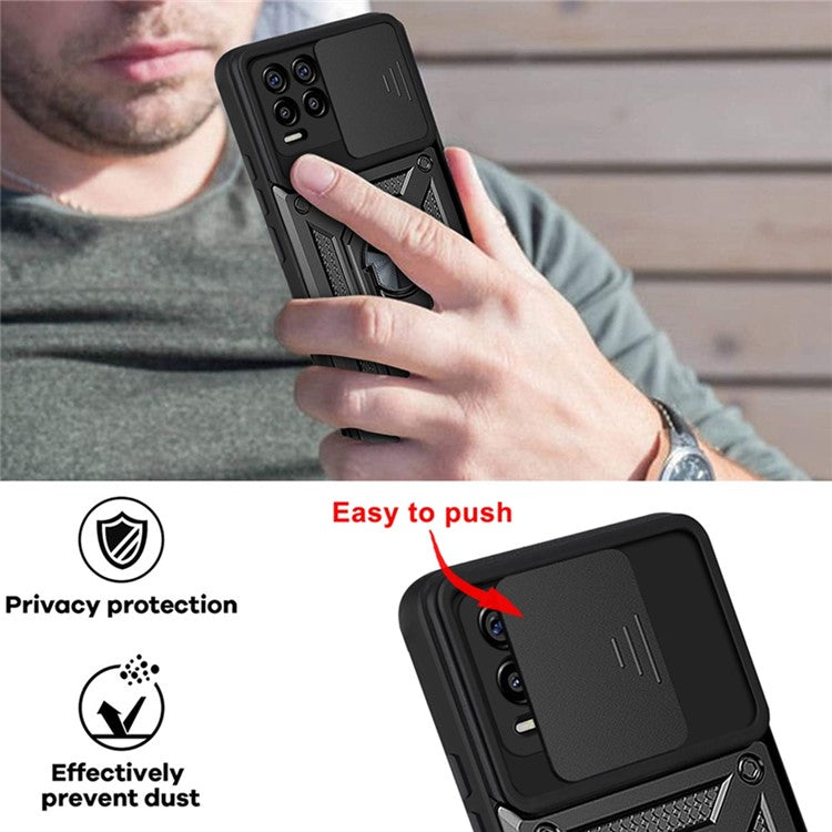 Kickstand PC + TPU Shockproof Impact-Resistant Cover with Slide Lens Protection for Realme 8 / 8 Pro - Silver