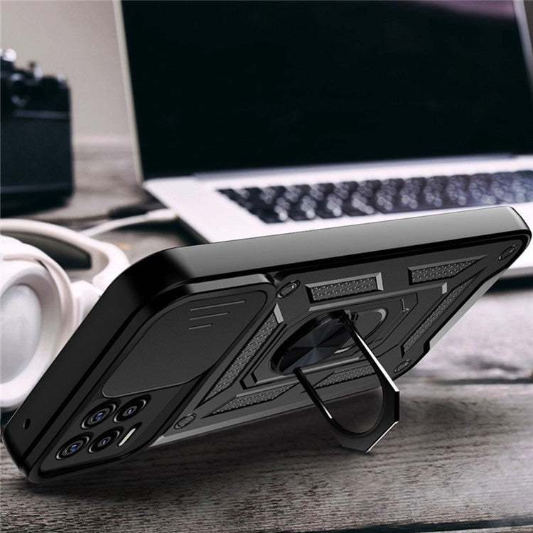 Kickstand PC + TPU Shockproof Impact-Resistant Cover with Slide Lens Protection for Realme 8 / 8 Pro - Silver