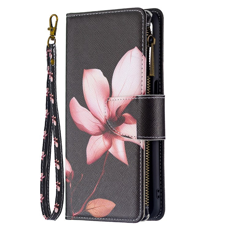 Pattern Printing PU Leather Wallet Shockproof Flip Cover Zipper Pocket Case with Stand and Strap for Oppo A16/A16s/A54s - Lotus