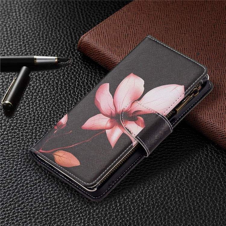 Pattern Printing PU Leather Wallet Shockproof Flip Cover Zipper Pocket Case with Stand and Strap for Oppo A16/A16s/A54s - Lotus