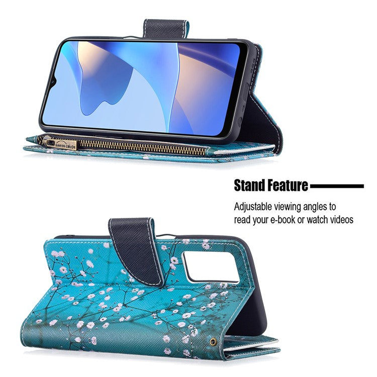 Pattern Printing PU Leather Wallet Shockproof Flip Cover Zipper Pocket Case with Stand and Strap for Oppo A16/A16s/A54s - Plum Blossom