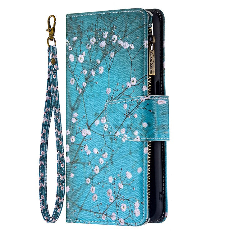 Pattern Printing PU Leather Wallet Shockproof Flip Cover Zipper Pocket Case with Stand and Strap for Oppo A16/A16s/A54s - Plum Blossom