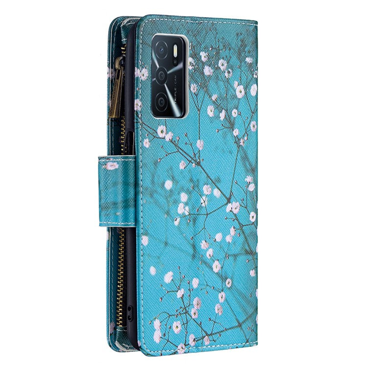 Pattern Printing PU Leather Wallet Shockproof Flip Cover Zipper Pocket Case with Stand and Strap for Oppo A16/A16s/A54s - Plum Blossom