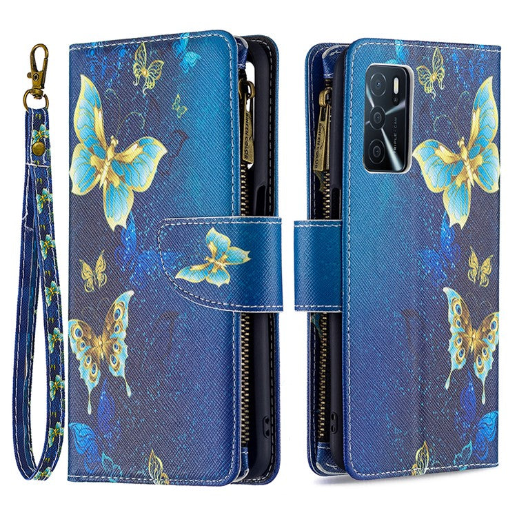 Pattern Printing PU Leather Wallet Shockproof Flip Cover Zipper Pocket Case with Stand and Strap for Oppo A16/A16s/A54s - Golden Butterflies