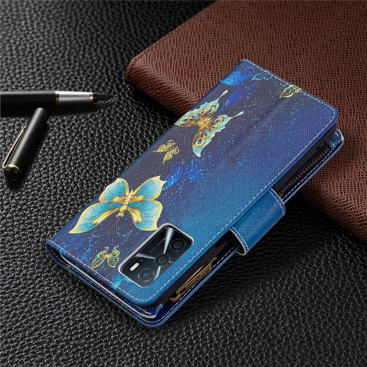 Pattern Printing PU Leather Wallet Shockproof Flip Cover Zipper Pocket Case with Stand and Strap for Oppo A16/A16s/A54s - Golden Butterflies