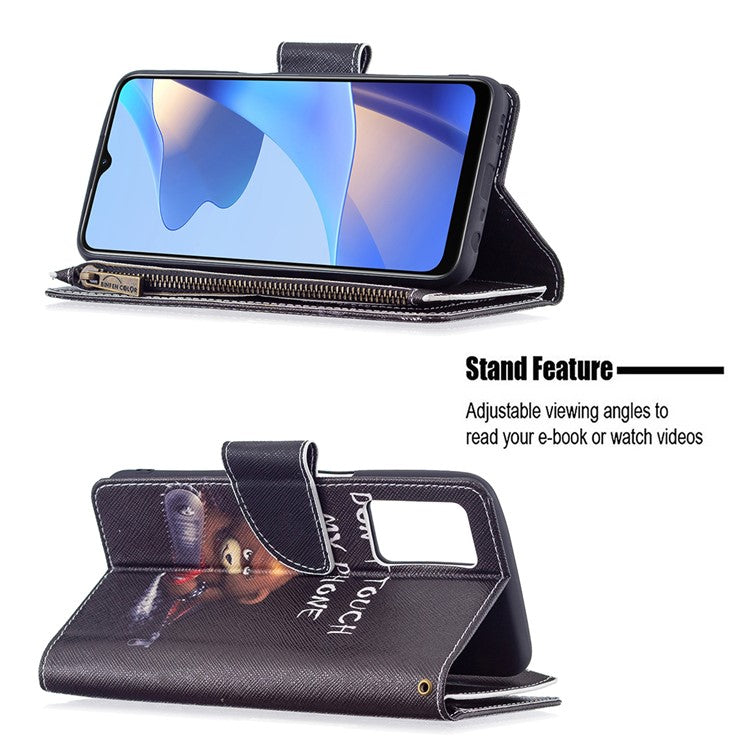 Pattern Printing PU Leather Wallet Shockproof Flip Cover Zipper Pocket Case with Stand and Strap for Oppo A16/A16s/A54s - Bear