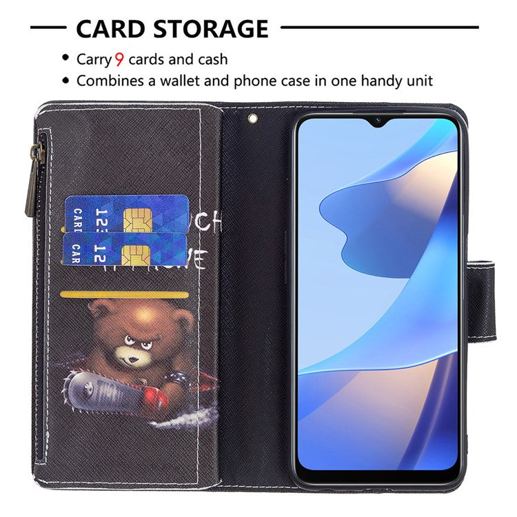 Pattern Printing PU Leather Wallet Shockproof Flip Cover Zipper Pocket Case with Stand and Strap for Oppo A16/A16s/A54s - Bear
