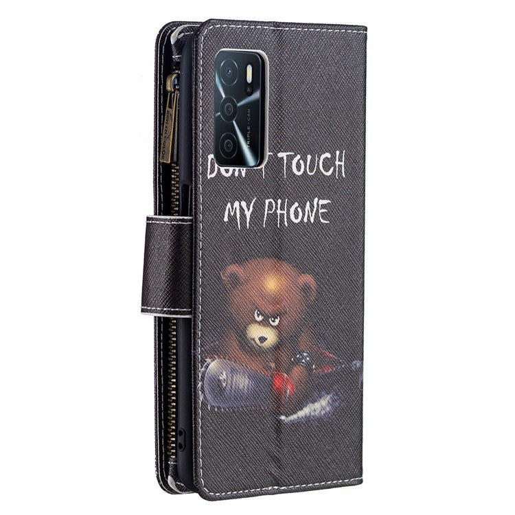 Pattern Printing PU Leather Wallet Shockproof Flip Cover Zipper Pocket Case with Stand and Strap for Oppo A16/A16s/A54s - Bear