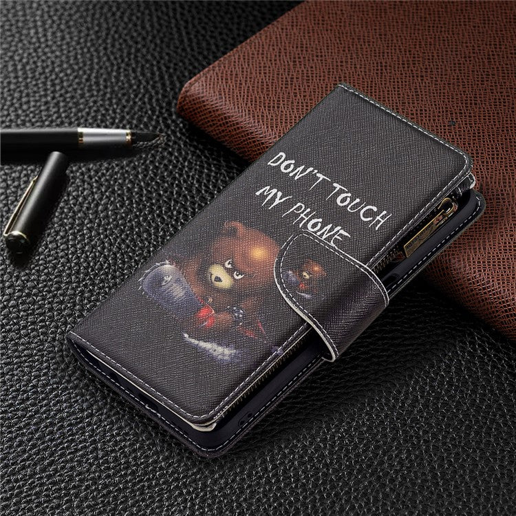 Pattern Printing PU Leather Wallet Shockproof Flip Cover Zipper Pocket Case with Stand and Strap for Oppo A16/A16s/A54s - Bear