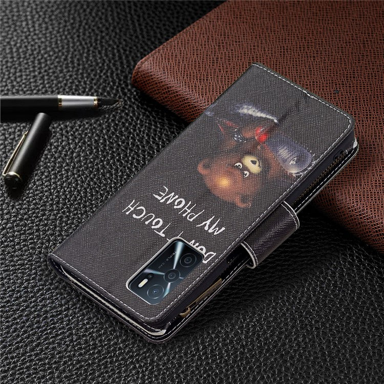 Pattern Printing PU Leather Wallet Shockproof Flip Cover Zipper Pocket Case with Stand and Strap for Oppo A16/A16s/A54s - Bear