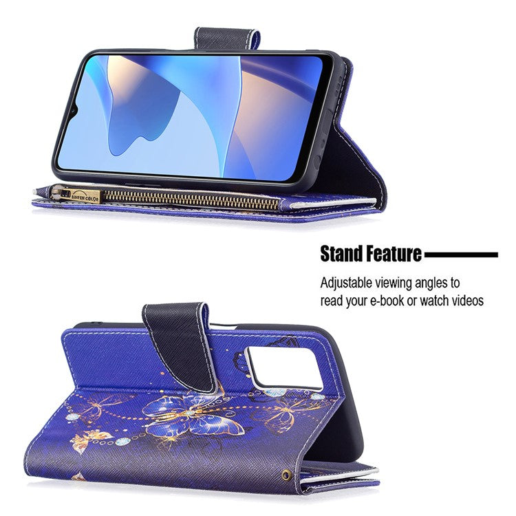 Pattern Printing PU Leather Wallet Shockproof Flip Cover Zipper Pocket Case with Stand and Strap for Oppo A16/A16s/A54s - Purple Butterfly