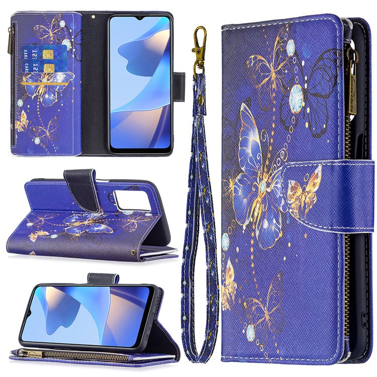 Pattern Printing PU Leather Wallet Shockproof Flip Cover Zipper Pocket Case with Stand and Strap for Oppo A16/A16s/A54s - Purple Butterfly