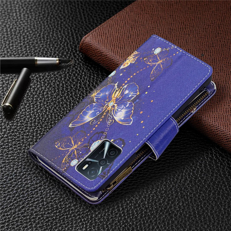 Pattern Printing PU Leather Wallet Shockproof Flip Cover Zipper Pocket Case with Stand and Strap for Oppo A16/A16s/A54s - Purple Butterfly