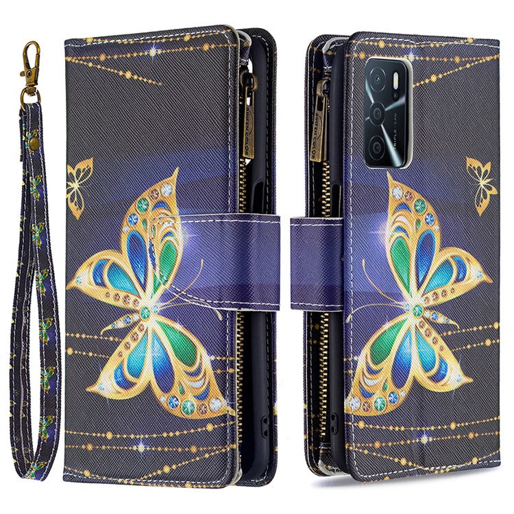 Pattern Printing PU Leather Wallet Shockproof Flip Cover Zipper Pocket Case with Stand and Strap for Oppo A16/A16s/A54s - Jewelry Butterfly