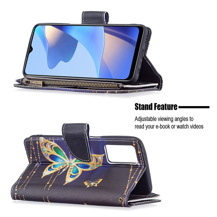 Pattern Printing PU Leather Wallet Shockproof Flip Cover Zipper Pocket Case with Stand and Strap for Oppo A16/A16s/A54s - Jewelry Butterfly
