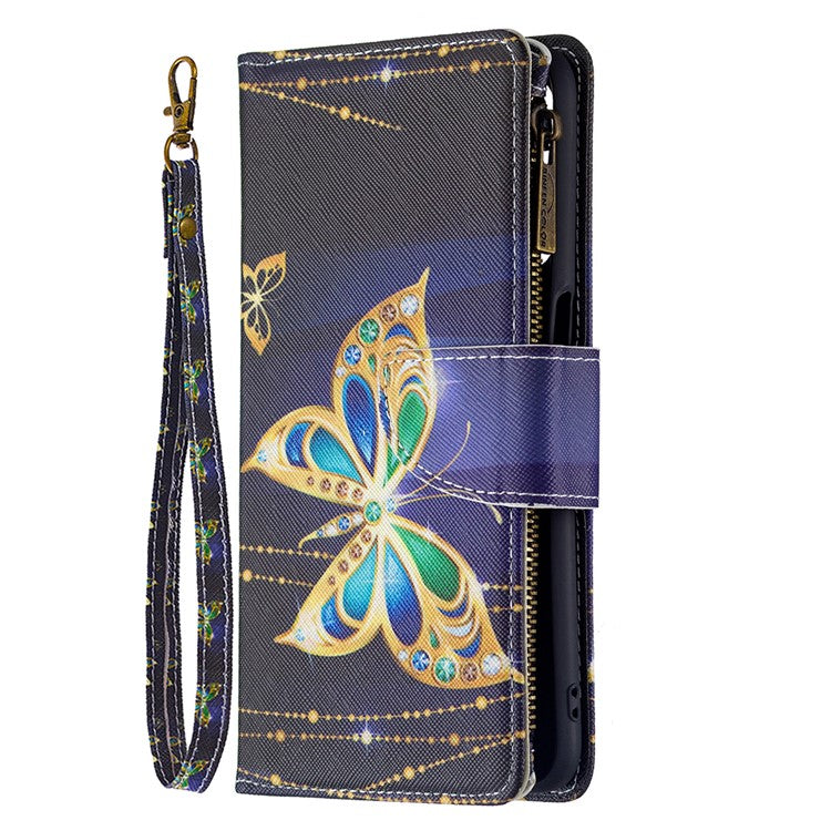 Pattern Printing PU Leather Wallet Shockproof Flip Cover Zipper Pocket Case with Stand and Strap for Oppo A16/A16s/A54s - Jewelry Butterfly