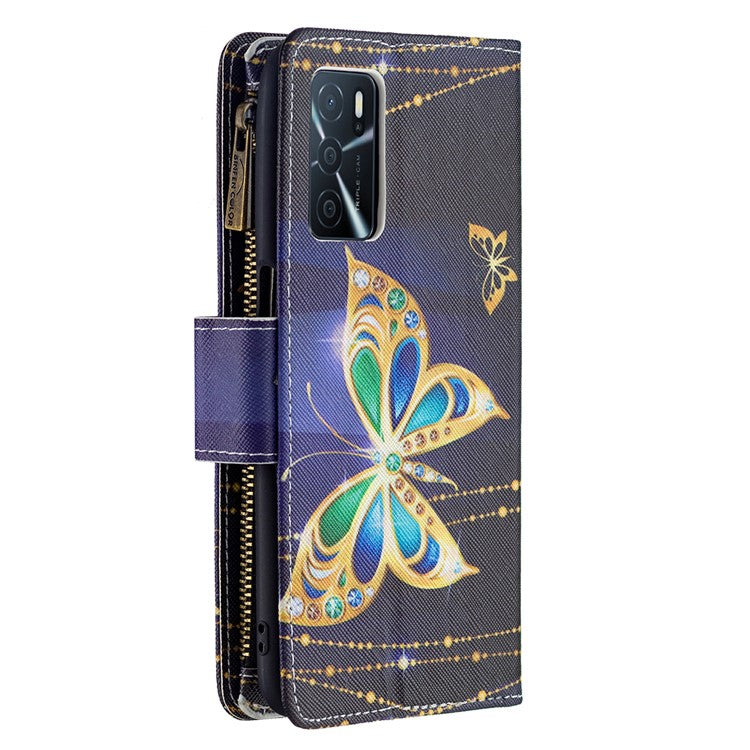 Pattern Printing PU Leather Wallet Shockproof Flip Cover Zipper Pocket Case with Stand and Strap for Oppo A16/A16s/A54s - Jewelry Butterfly