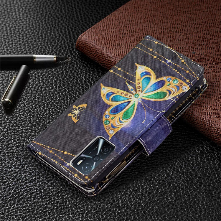 Pattern Printing PU Leather Wallet Shockproof Flip Cover Zipper Pocket Case with Stand and Strap for Oppo A16/A16s/A54s - Jewelry Butterfly