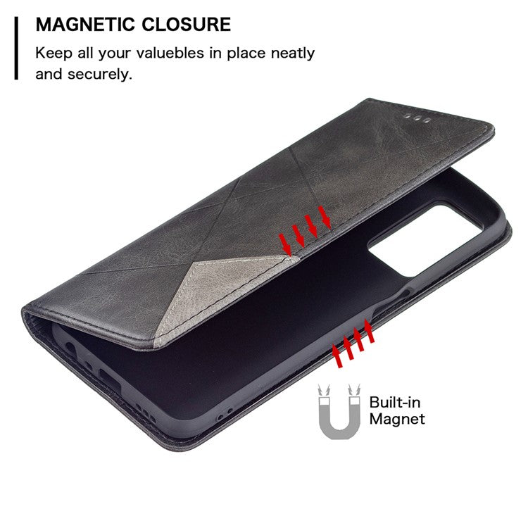 Magnetic Closure Card Holder Vintage Rhombus-Like Imprinting Drop-proof Leather Stand Protective Case for Oppo A16 / A16s / A54s - Black