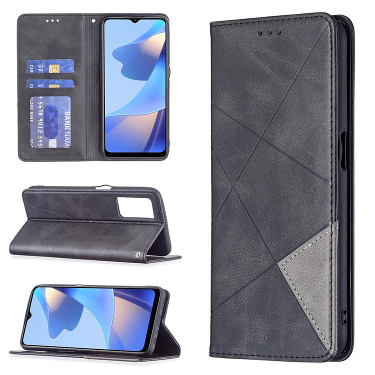 Magnetic Closure Card Holder Vintage Rhombus-Like Imprinting Drop-proof Leather Stand Protective Case for Oppo A16 / A16s / A54s - Black