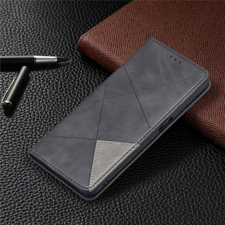 Magnetic Closure Card Holder Vintage Rhombus-Like Imprinting Drop-proof Leather Stand Protective Case for Oppo A16 / A16s / A54s - Black
