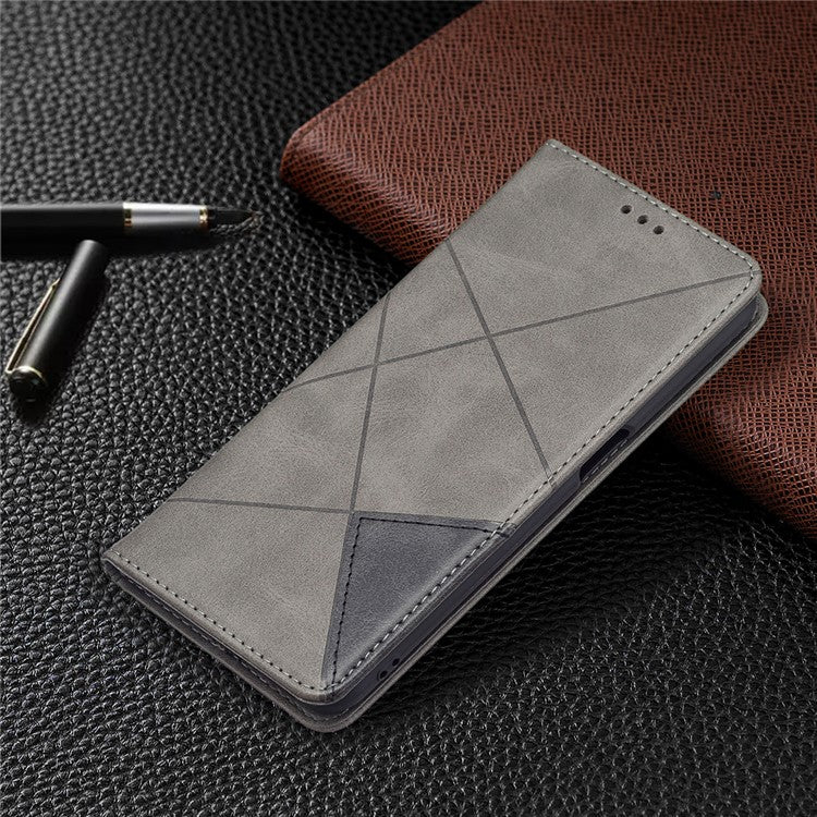 Magnetic Closure Card Holder Vintage Rhombus-Like Imprinting Drop-proof Leather Stand Protective Case for Oppo A16 / A16s / A54s - Grey