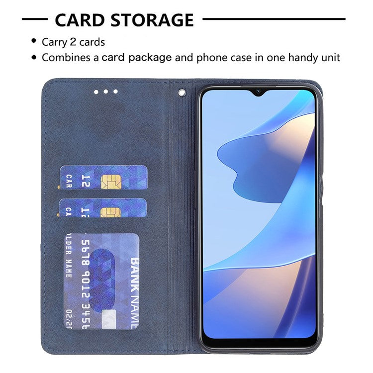 Magnetic Closure Card Holder Vintage Rhombus-Like Imprinting Drop-proof Leather Stand Protective Case for Oppo A16 / A16s / A54s - Blue