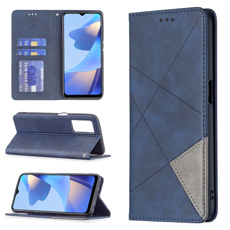 Magnetic Closure Card Holder Vintage Rhombus-Like Imprinting Drop-proof Leather Stand Protective Case for Oppo A16 / A16s / A54s - Blue