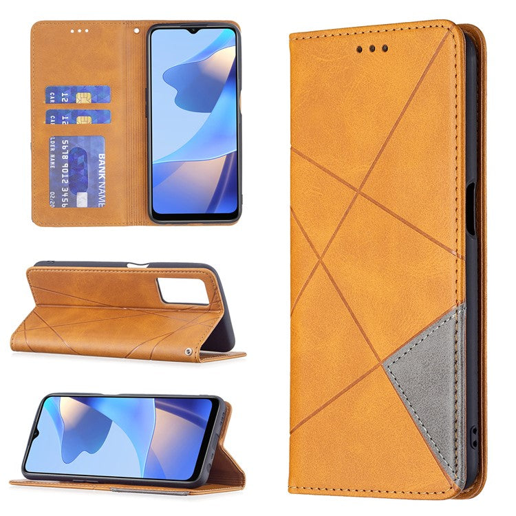 Magnetic Closure Card Holder Vintage Rhombus-Like Imprinting Drop-proof Leather Stand Protective Case for Oppo A16 / A16s / A54s - Yellow