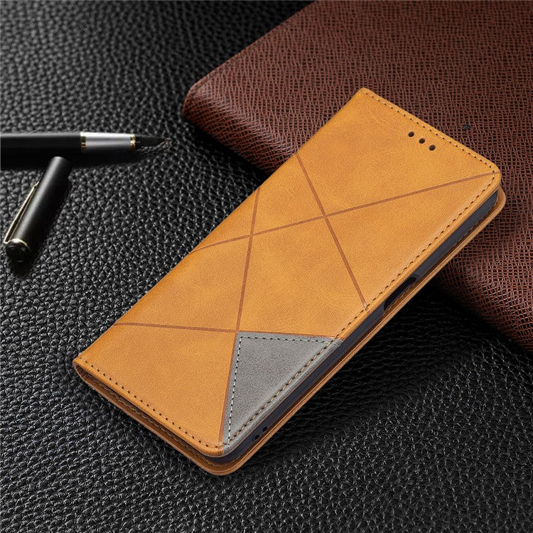 Magnetic Closure Card Holder Vintage Rhombus-Like Imprinting Drop-proof Leather Stand Protective Case for Oppo A16 / A16s / A54s - Yellow