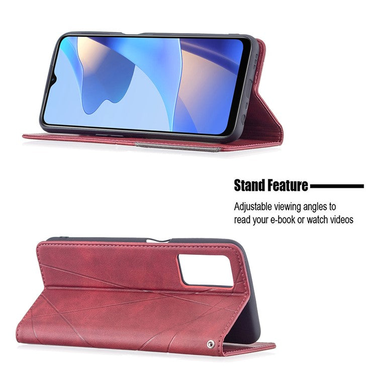 Magnetic Closure Card Holder Vintage Rhombus-Like Imprinting Drop-proof Leather Stand Protective Case for Oppo A16 / A16s / A54s - Red