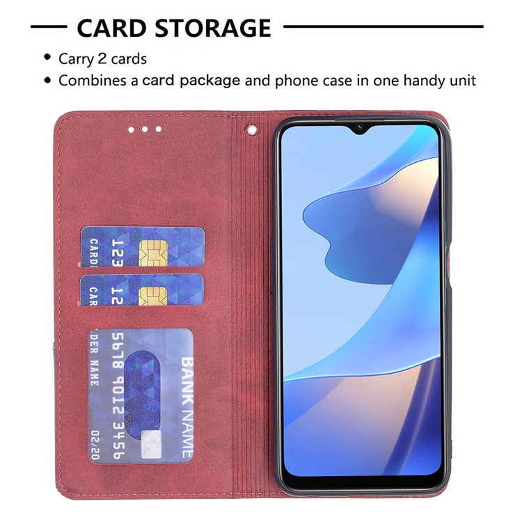Magnetic Closure Card Holder Vintage Rhombus-Like Imprinting Drop-proof Leather Stand Protective Case for Oppo A16 / A16s / A54s - Red